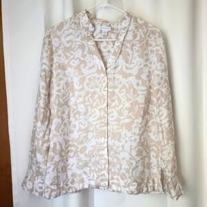 Charter Club 100% Linen Shirt Womens Size 10 Large Neutral Floral Button Down